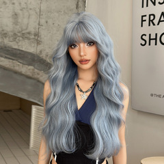 假发女长卷发冰川蓝时尚整顶全头套网红化纤齐刘海水波纹长卷发