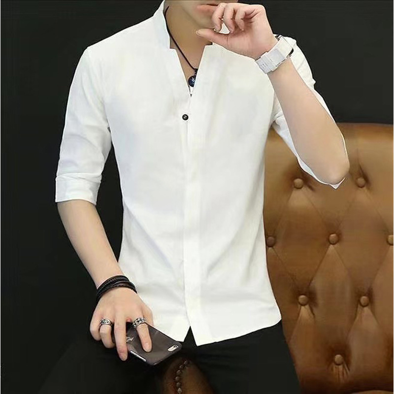 Summer Men's Stand Collar Short-sleeved Shirt Young and Middle-aged Shirt Men's Korean Style Casual Slim-fit Student's Trendy Top with Seven-point Sleeve