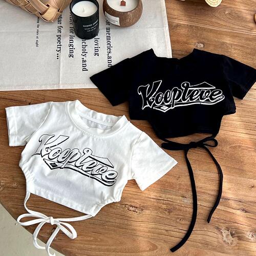 Girls 23 summer short-sleeved T-shirt baby girl hip-hop jazz dance short waist straps fashionable top trendy 0015