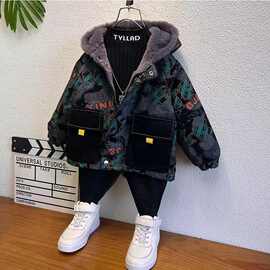 男童棉服冬季新款儿童加绒加棉牛仔上衣小男孩冬装连帽派克服外套