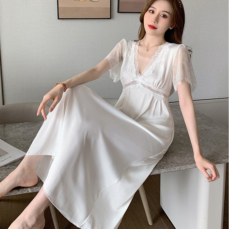 아이스 실크 파자마 여성 여름 새로운 섹시한 아이스 실크 유혹 긴 원피스 봄 가을 플러스 사이즈 슬리밍 잠옷 홈 옷
