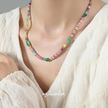 休闲度假风个性简约多巴胺饰品彩色天然石玛瑙手工串珠钛钢项链