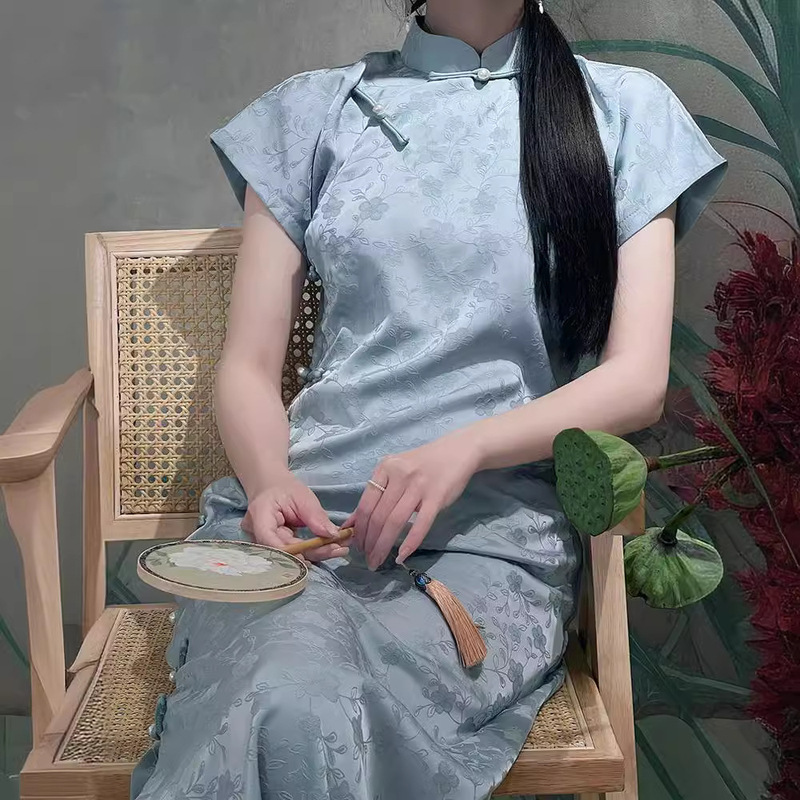 Retro cheongsam ancient blue young everyday high-end temperament cool feeling 2024 new girls dress women