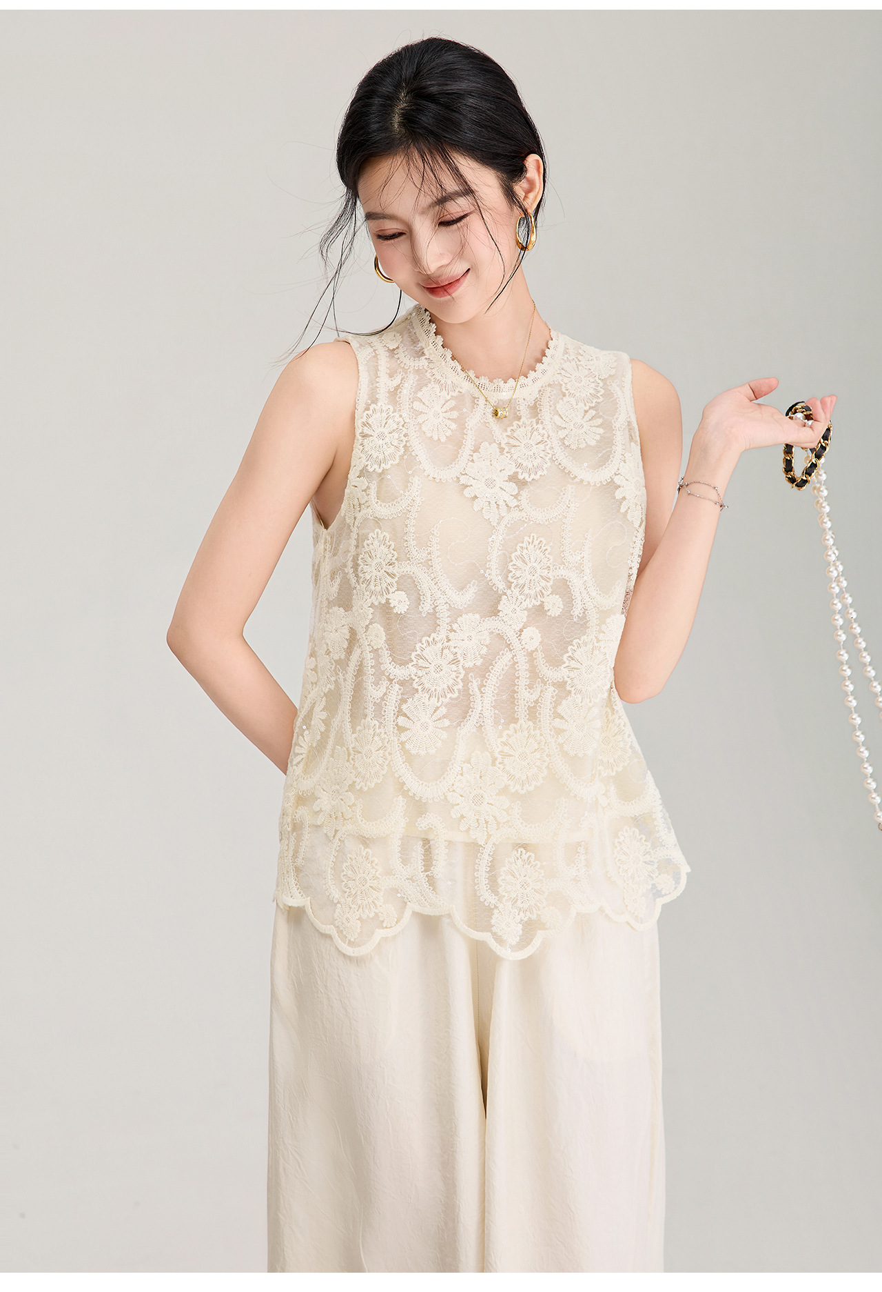Áo hai dây ren thêu sequin cổ tây không tay mùa hè — màu mơ chi tiết 12