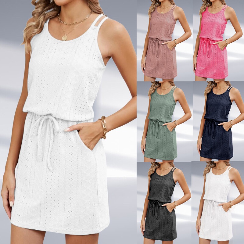 2025 Cross-Border European and American Women's Clothing Cut Out Pure Color Dress Summer New Style Suspender Bohemian Style Sleeveless Lace-Up