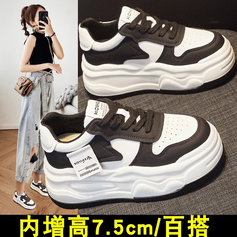 Zapatos de mujer de altura interior de cuero real 2024 primavera nueva variedad de suela gruesa pequeña muffin blanco y negro zapatos blancos zapatos de skate de mujer