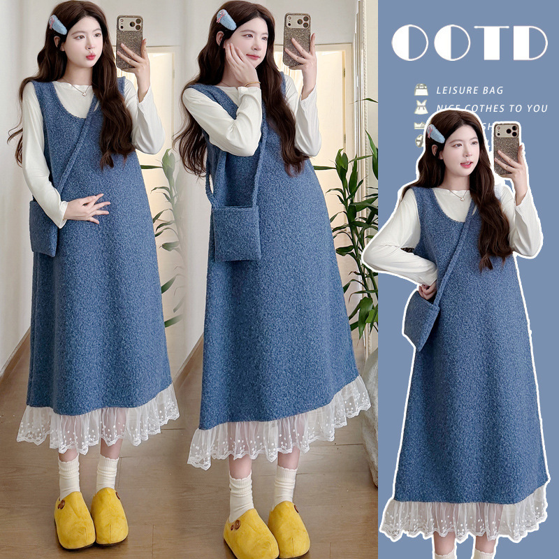 Real shot of a maternity lace-spliced blue long vest dress with a small bag, new winter slimming and age-reducing boucle suit Real shot of a maternity lace-spliced blue long vest dress with a small bag, new winter slimming and age-reducing boucle suit