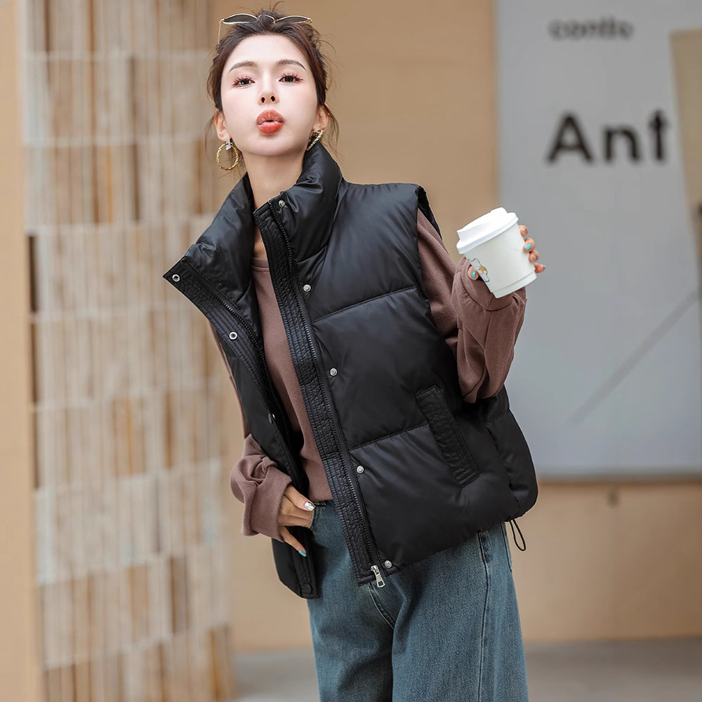 Chaleco de algodón de pluma para mujeres 2024 otoño y invierno nuevo estilo coreano de algodón suelto hombro collar de collar de algodón de color sólido chaleco
