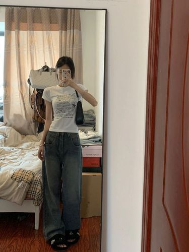 【40 Pieces Cotton-Imitation】Square-Neck Short-Sleeve Women's Letter Print Slim Fit Short-Sleeve Top White American Style