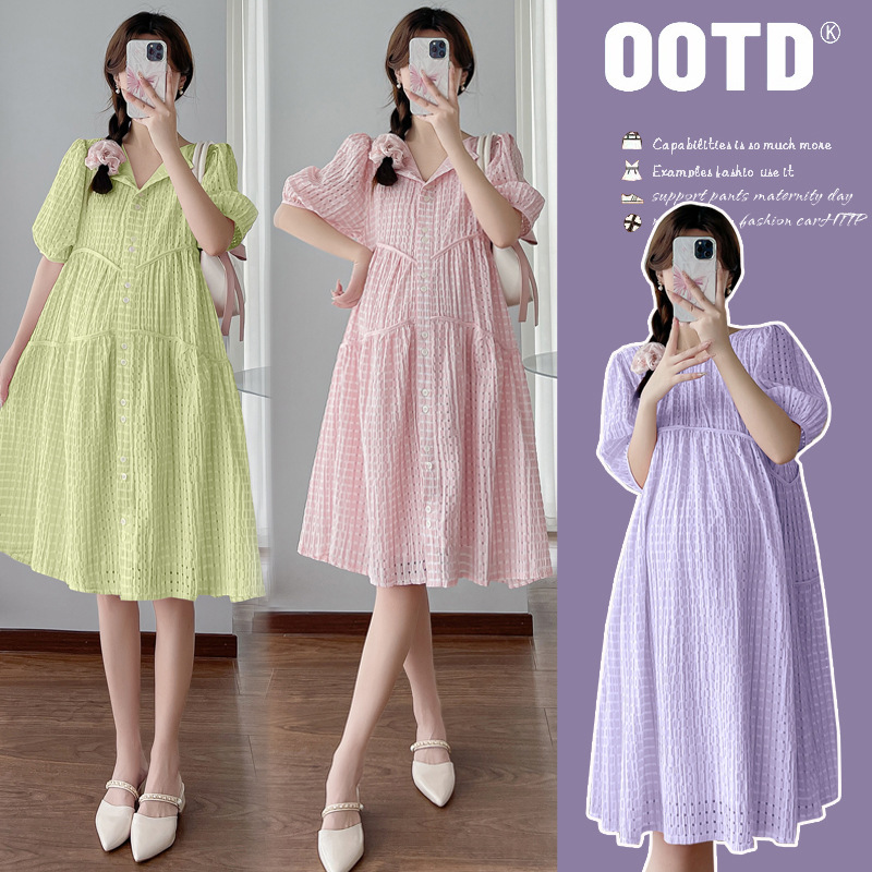 Real Shot of the 2025 Summer New French-Style Loose-Fitting, Slimming, Breastfeeding-Friendly, Reversible, Plus-Size Maternity Dress