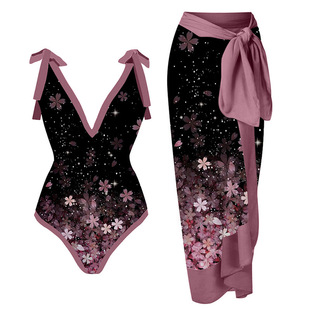 Romantic Starry Sky Cherry Blossom Pattern Swimsuit Suit Lace-Up One-Shoulder One-Piece Swimsuit Women's Anti-Exposure Half-Length Skirt European and American