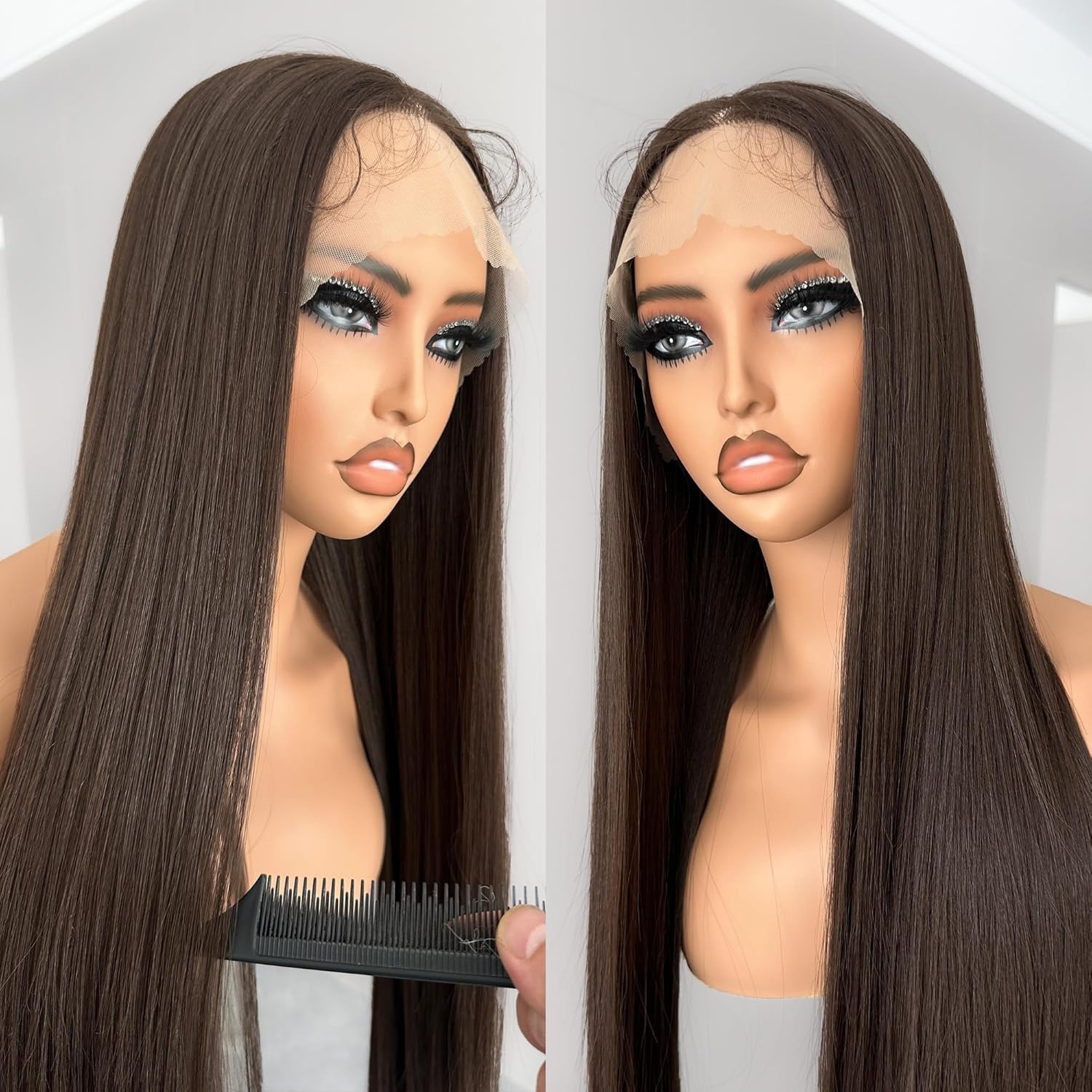 Parrucca sintetica lace front lunga nera liscia per donna_voghion.com