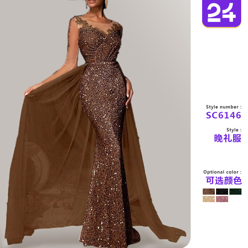 2026 Cross-Border European and American Women's Ball Gown Long Dress, Stylish and Elegant Long Lace Party Evening Dress