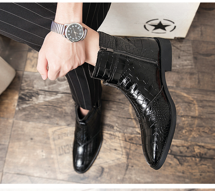 Pointed toe men's leather boots with crocodile pattern leather shoes