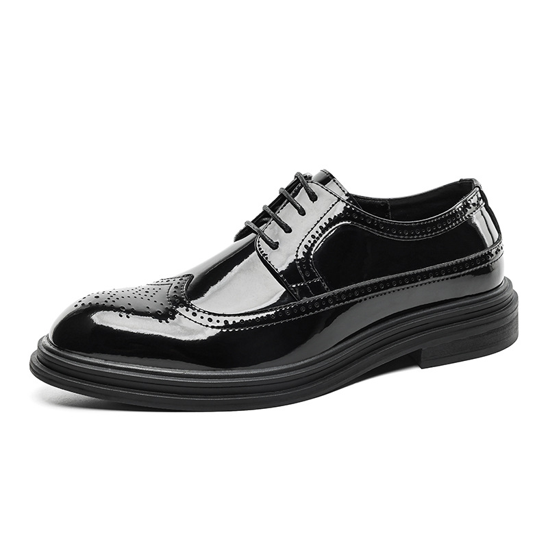 British-style Pointed-toe Fashion Casual Leather Shoes, Shiny Brogue Carved Business Men's Shoes_voghion.com