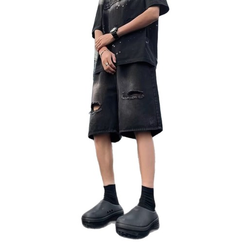 Men's Summer Thin Hole Denim Shorts, American Street Fashion Brand Loose Straight Leg Pants, Cool Casual 5-Finger Pants