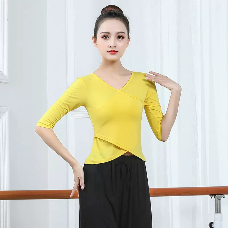 xisaa摩登舞上衣舞蹈服女成人形体教师服古典舞现代舞V领长袖上衣
