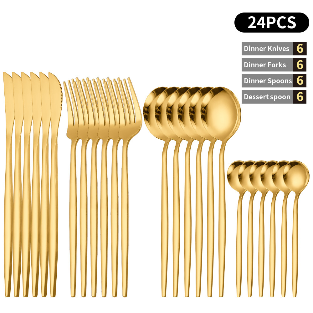 En stock de acero inoxidable chapado en oro vajilla occidental de cuatro piezas principales cuchillo, tenedor y cuchara suministro transfronterizo conjunto de 24 piezas traje de vajilla portuguesa