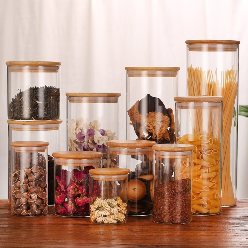 竹の木の蓋のガラスの貯蔵タンクの密封缶を供給して瓶の調味料の缶のお茶の缶の乾燥した果物の缶のガラス瓶を収納します。|undefined