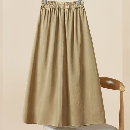 Cotton skirt for women 2025 summer new elastic waist large pockets over the knee casual high waist slimming A-line skirt