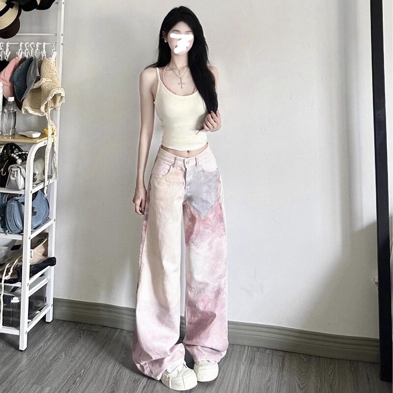 【新塘牛仔全店现货】美式复古粉色牛仔裤女高腰宽松直筒阔腿长裤|undefined