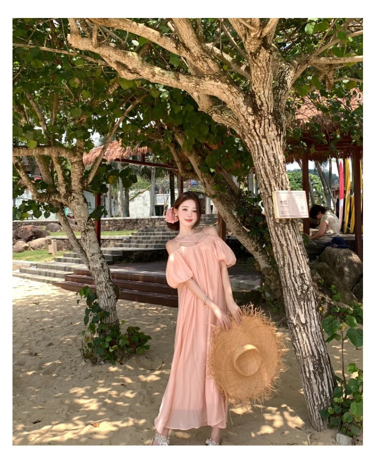 Off Shoulder Short Sleeve Vacation Dress For Summer Holidays_voghion.com