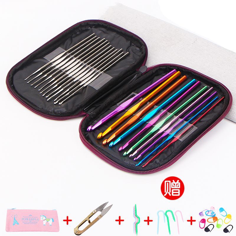 Traje de herramienta de ganchillo tejido a mano aguja de palo de lana marca de aguja hebilla aguja de giro con bolsa de almacenamiento aguja de gancho de aluminio