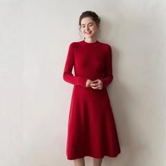 山羊绒25秋冬季新款女半高圆领连衣裙长款过膝长裙修身显瘦羊毛衫