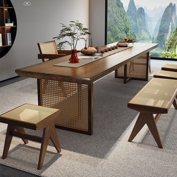 侘寂风茶楼藤编功夫茶台工作室大板泡茶桌子客厅实木茶桌椅组合