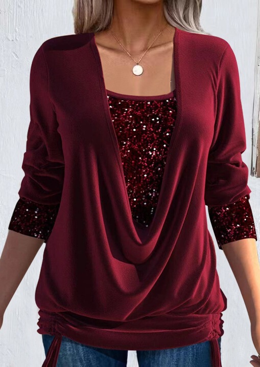 2023 Spring European and American Cross-Border Sequin Contrast Color Long-Sleeve Women's Loose Fit Ruched Mock Two-Piece Top