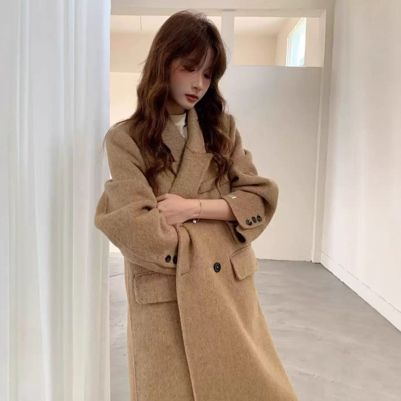 Autumn and Winter Korean Style Elegant Shoulder-Length High-End Casual Commuting Double-Sided Wool Coat Long Mid-Length Wool Jacket