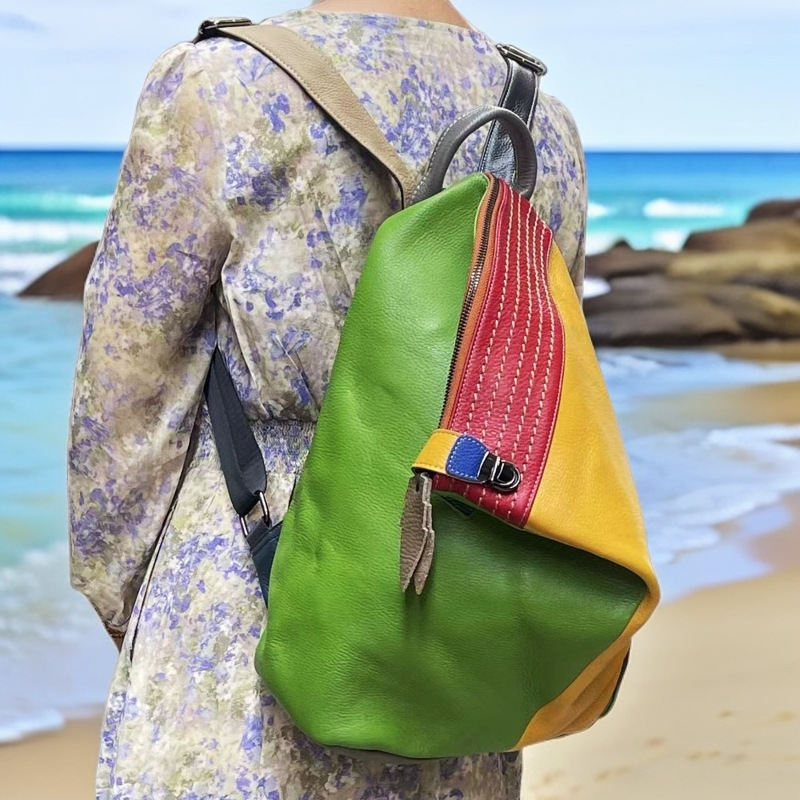 Women's Leather Backpack, Color Blocked Cowhide Travel Backpack, Colored Leather Backpack_voghion.com