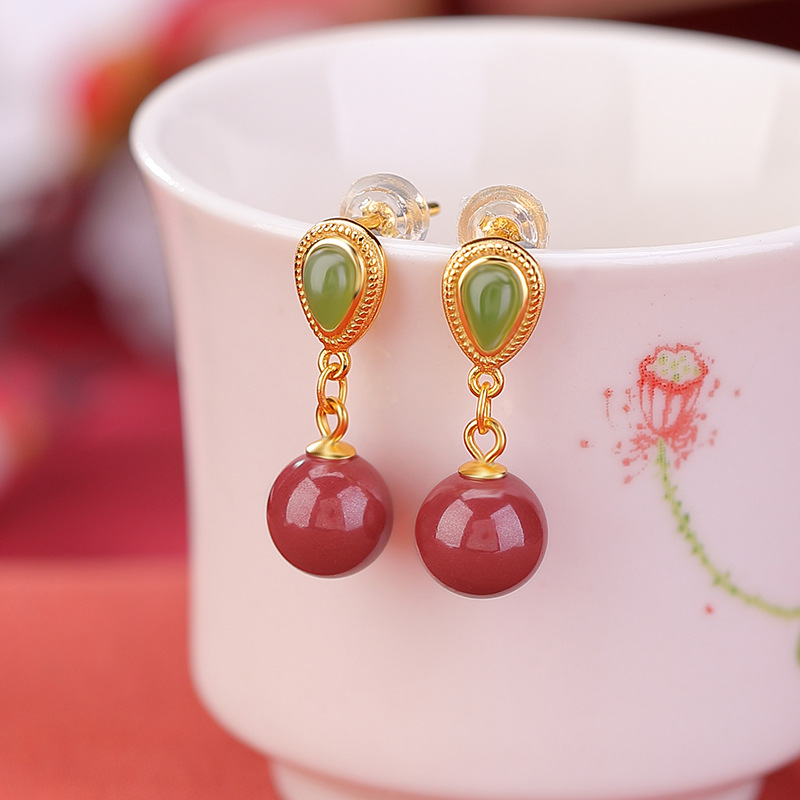Khuyên tai nữ bạc S925 mạ vàng đính đá jasper hạt tròn hình giọt nước — Một cặp