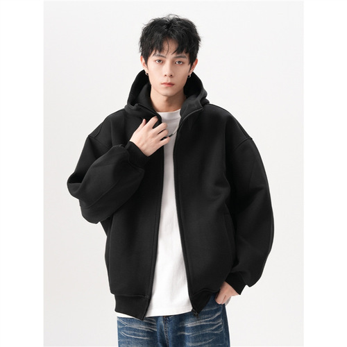Vintage American-style solid-color large hat open sweater hoodie for men, autumn and winter loose and versatile wide-body double zipper coat, trendy
