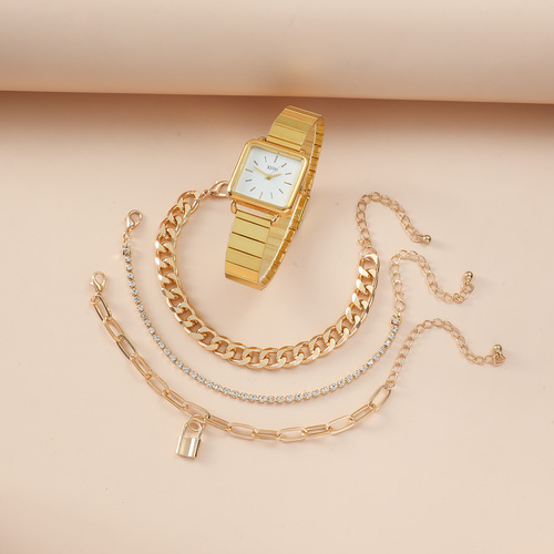 4pcs/set new women's watch set simple retro niche square ladies watch + niche bracelet set