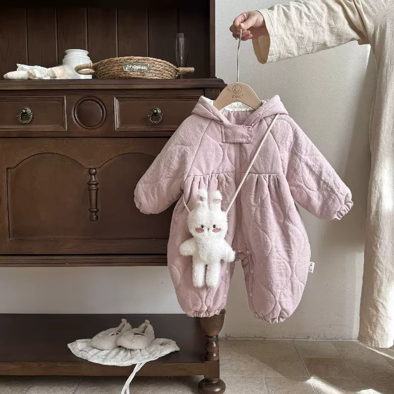 婴儿衣服棉服冬季女宝宝连体衣加绒加厚新款婴幼儿冬款外出服爬服