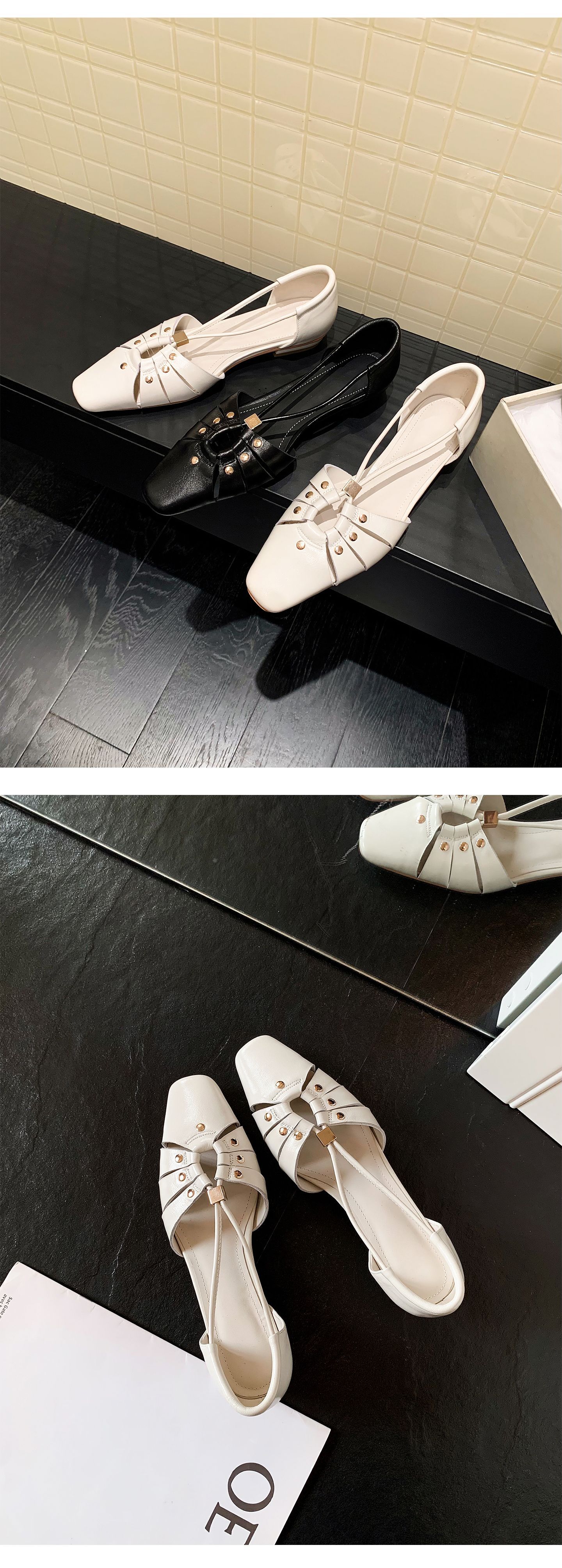 Dép sandal nữ da cừu đinh tán mũi kín gót kín phong cách Hàn Quốc đế bệt — đen chi tiết 5
