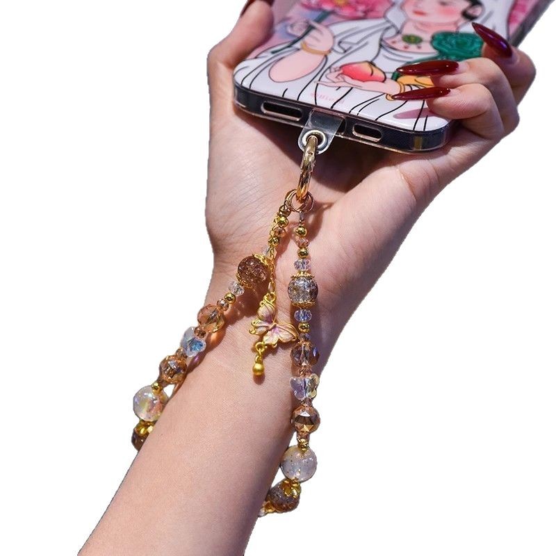Nuevo estilo chino de alta calidad cadena de teléfonos móviles cristal ligero lujoso viento dorado colgante mariposa frillera corta cuerda de caso de teléfono móvil