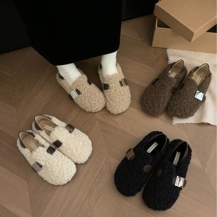 2023 New Autumn and Winter Loafers for Women, Warm Fleece-Lined Lamb Wool Shoes, Fairy Can Step on with Belt Buckle Beans