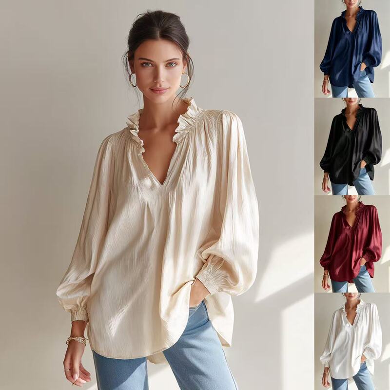 2026 Cross-Border European and American Style Pleated Shirt for Women with Ruffled V-Neck, Loose Lantern Puff Sleeves, and a Relaxed Commuting Top 2026 Cross-Border European and American Style Pleated Shirt for Women with Ruffled V-Neck, Loose Lantern Puff Sleeves, and a Relaxed Commuting Top