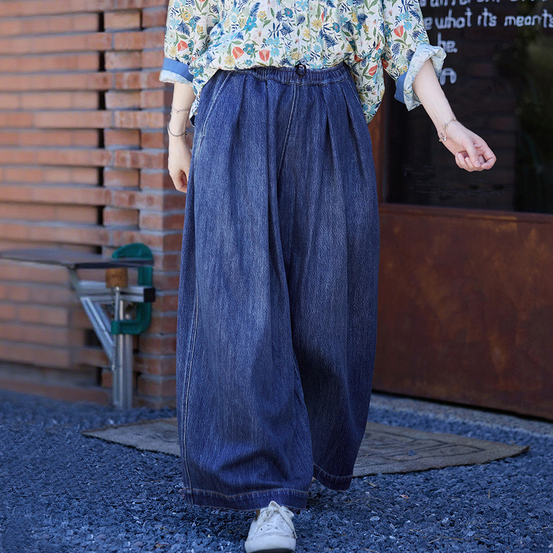 New Color-Woven Cotton Jeans with Hemmed Lining, Elastic Waist, Slimming, Loose-Fitting Lantern Pants, Casual Long Pants