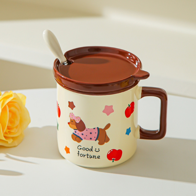 Cute cachorro de oficina taza de cerámica doméstica con cubierta cucharas de desayuno de estudiantes de niñas tazas de agua para beber tazas de café pareja