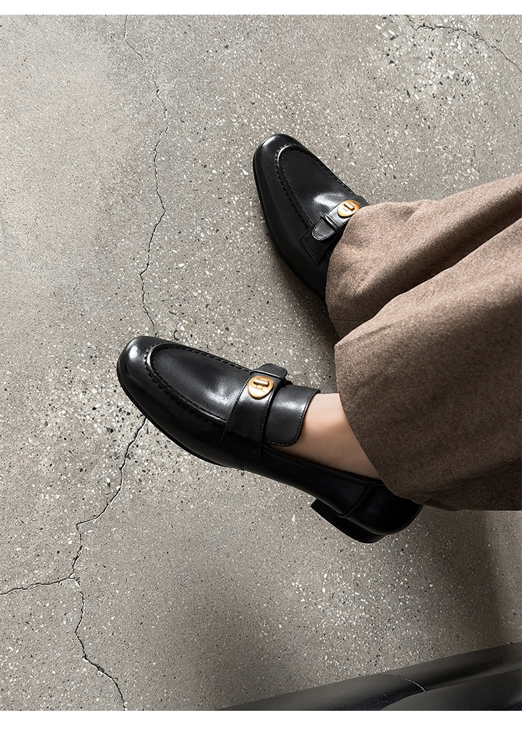 Giày loafer nữ da bò mũi sâu gót vuông thấp phong cách Anh Quốc — màu nâu chi tiết 9