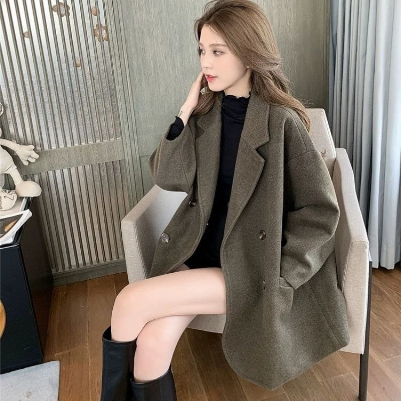 2024 New Autumn and Winter cotton and thickening Woolen Coat Woolen Coat Cocoon-shaped Loose Korean-style Fashionable for Students