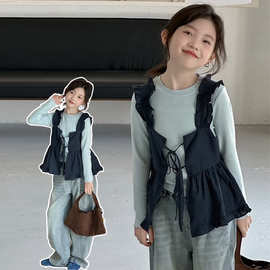 女童秋季新马甲长袖T恤两件套中大童韩系宽松拼色气质叠穿套头衫