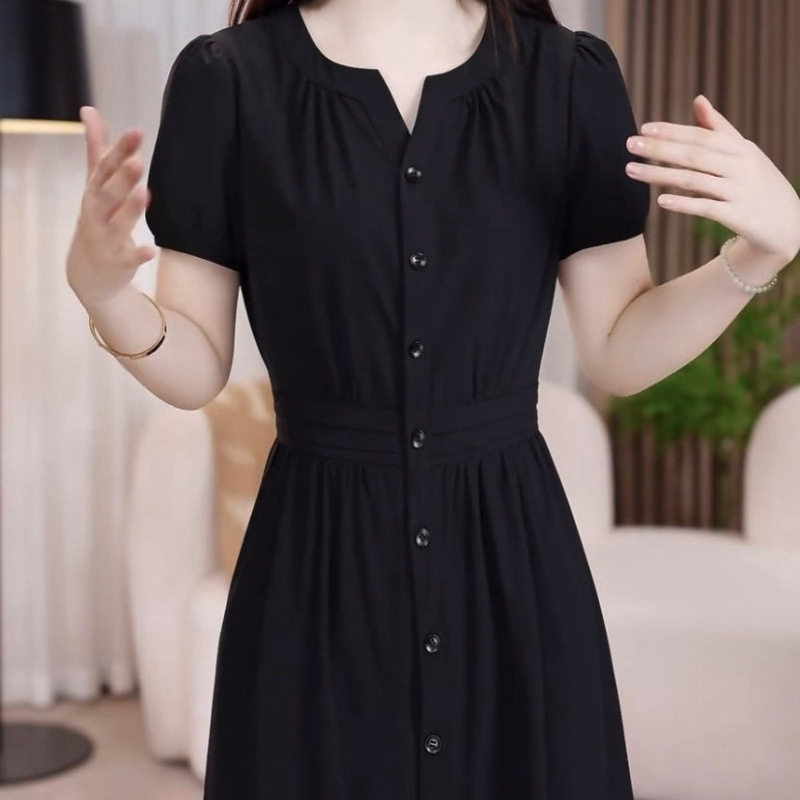 冰丝四面弹连衣裙2025新款女夏季短袖赫本风法式显瘦遮肉礼服裙子