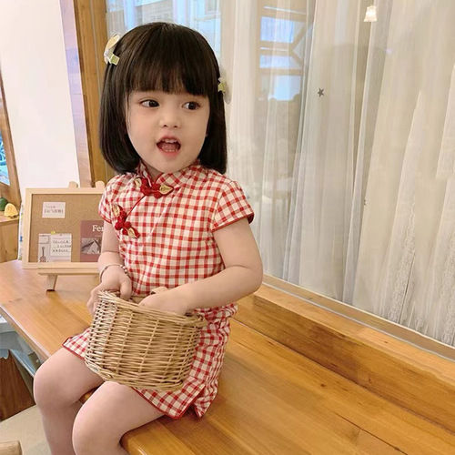 Baby cheongsam summer 2022 new girls plaid children's style Hanfu baby Chinese style cheongsam dress