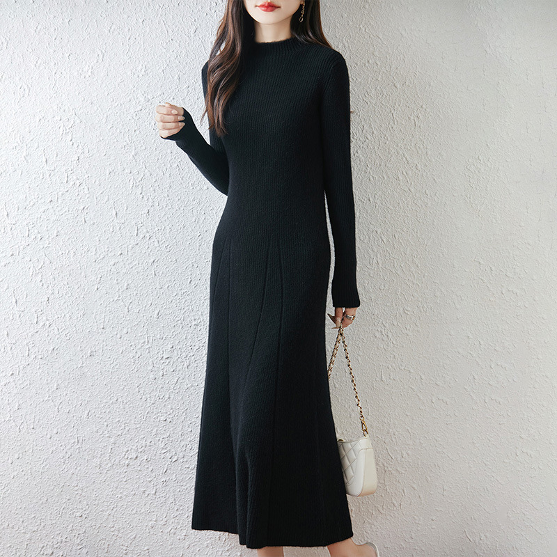2025 New Autumn and Winter Elegant Classy 100% Pure Wool Knitted Dress Women's Long Knee-Length Bottoming Sweater Dress