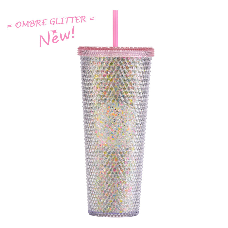 二層プラスチックストローカップ大容量クリエイティブ 710 ミリリットルドリアンカップハンドカップ発光変色レインボーグラデーションカップ|undefined