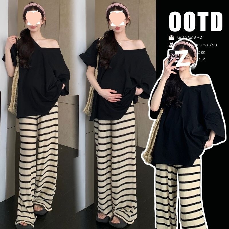 Maternity Summer Outfit Set, Fashionable T-Shirt and Wide-Leg Pants, Loose and Slimming Striped French-Style Two-Piece Set for Pregnant Women